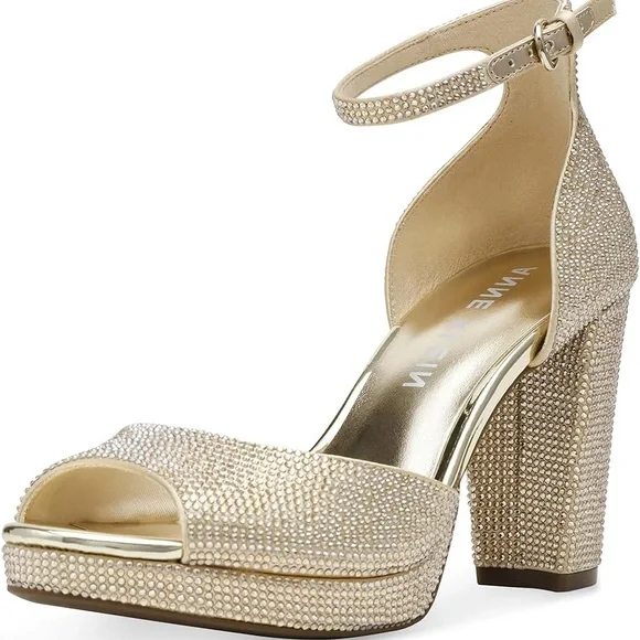 Anne Klein Rhinestone Embellished Chunky Gold Platform Heels Sandal NEW 6.5 Glam - Picture 2 of 11